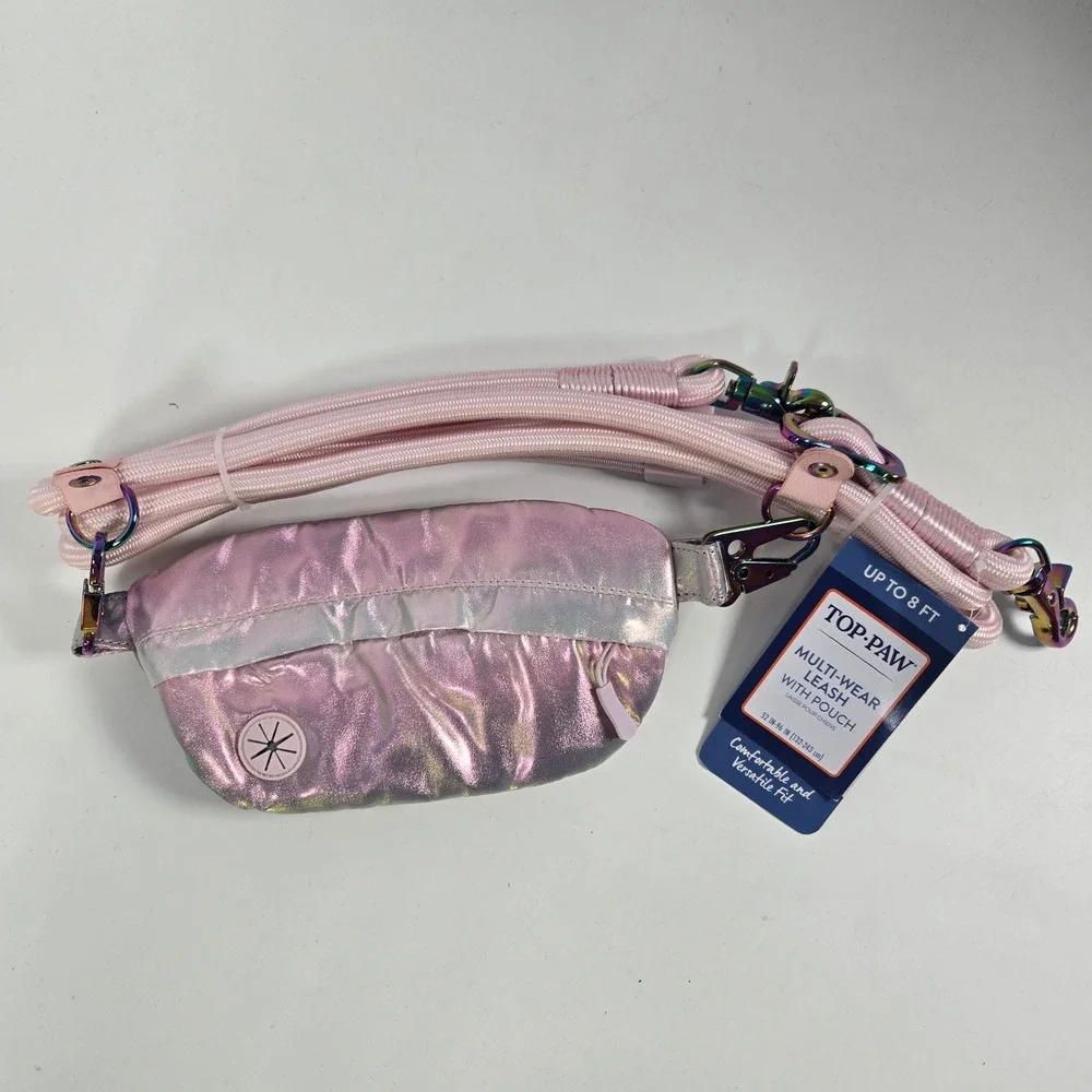 Top Paw Multi-Wear Leash Pouch Pink Purple Iridescent Hands-Free 8ft Pet Gear
